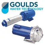 Two Goulds booster pumps with brand logo behind them